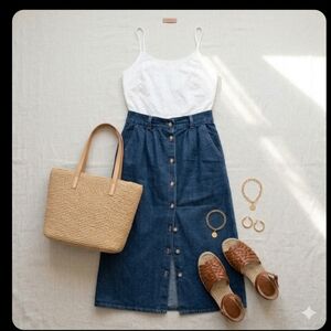 American Profile Jeanswear Midi Skirt, Two side pockets , True Vintage, size 12